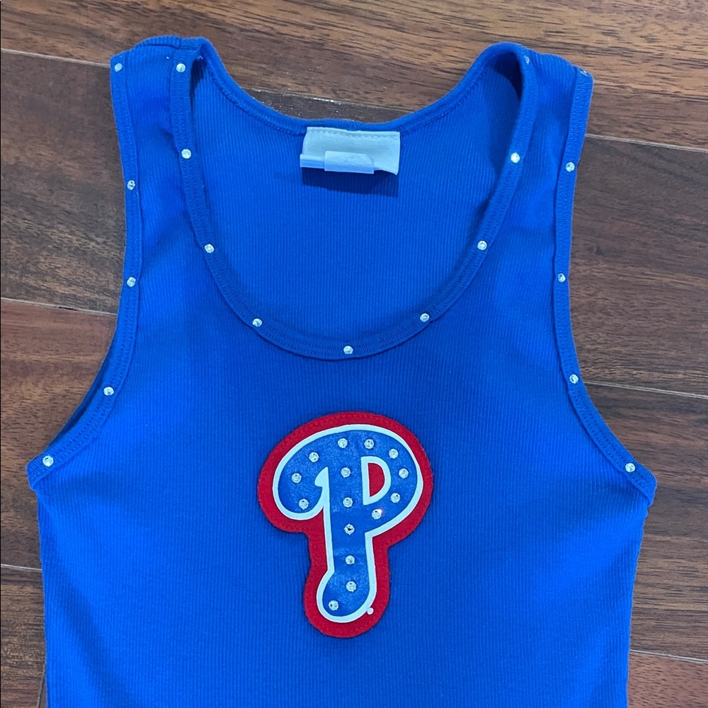 Blue Phillies Tank Top with Red & White 'P' Patch and sparkles- Size XL